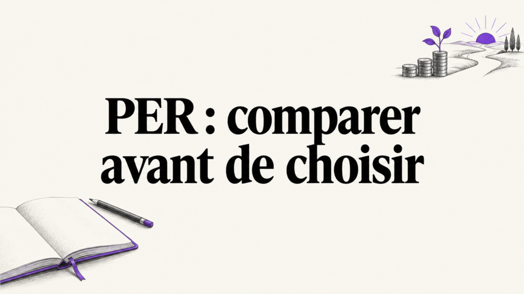 Illustration éditoriale d’un carnet de préparation à la retraite et d’un parcours d’épargne, avec des accents violets.