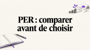 Illustration éditoriale d’un carnet de préparation à la retraite et d’un parcours d’épargne, avec des accents violets.