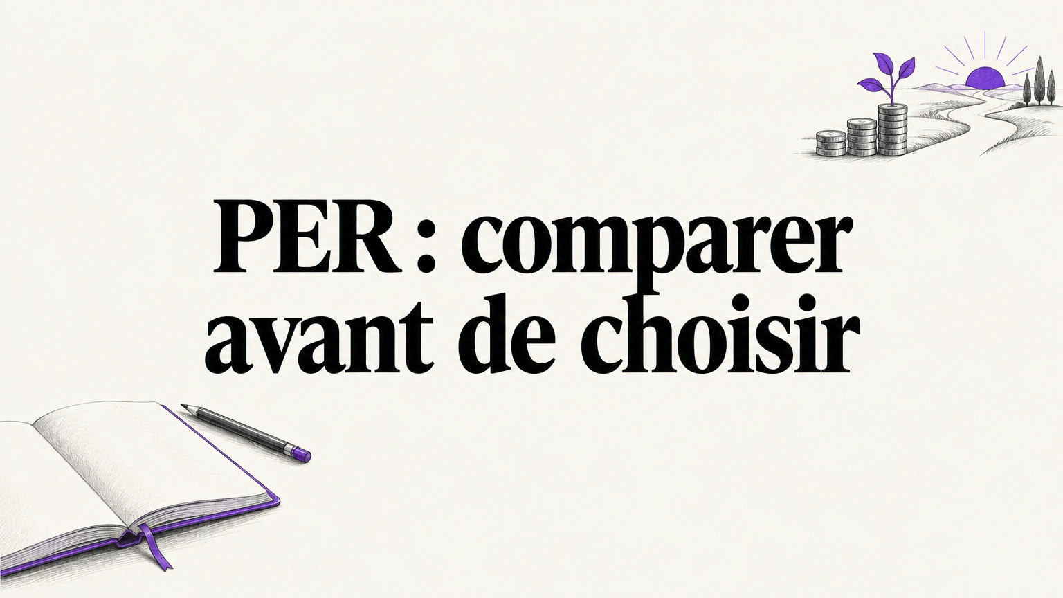 Illustration éditoriale d’un carnet de préparation à la retraite et d’un parcours d’épargne, avec des accents violets.