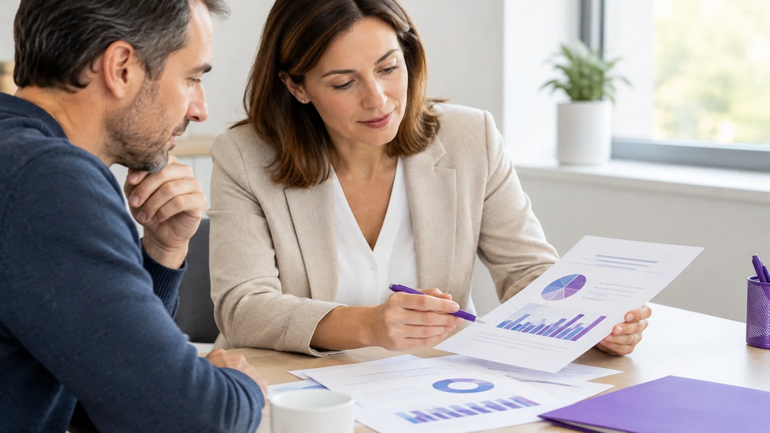 Une épargnante examine une répartition de placements avec une conseillère